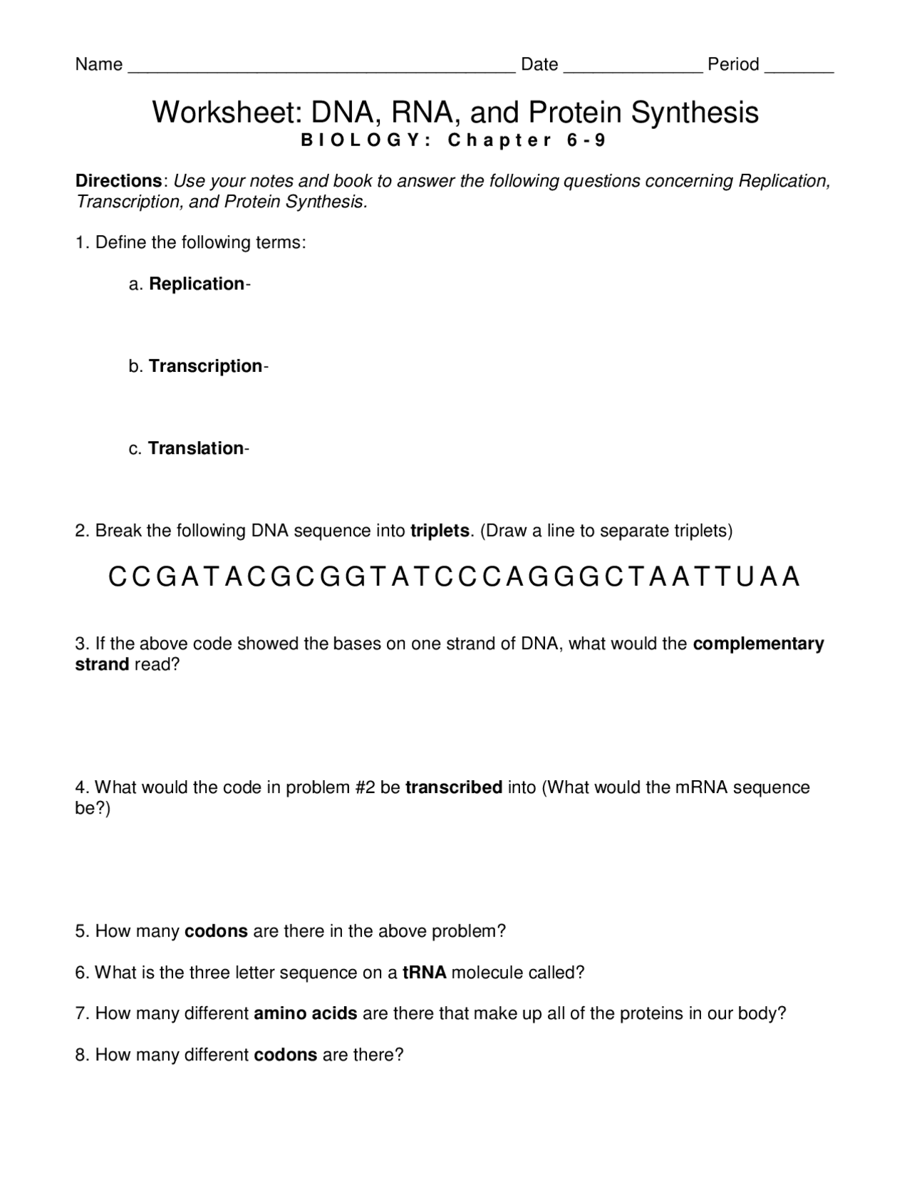 dna to protein worksheet