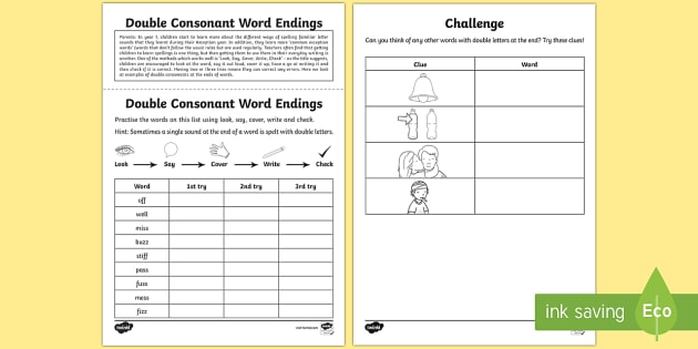Year 1 Spelling Practice Double Consonant Word Endings Homework ...