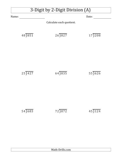3-Digit by 2-Digit Long Division with Remainders and Steps Shown ...