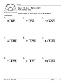 2 Digit into 3 or 4 Digit Division Worksheet for 4th - 5th Grade ...