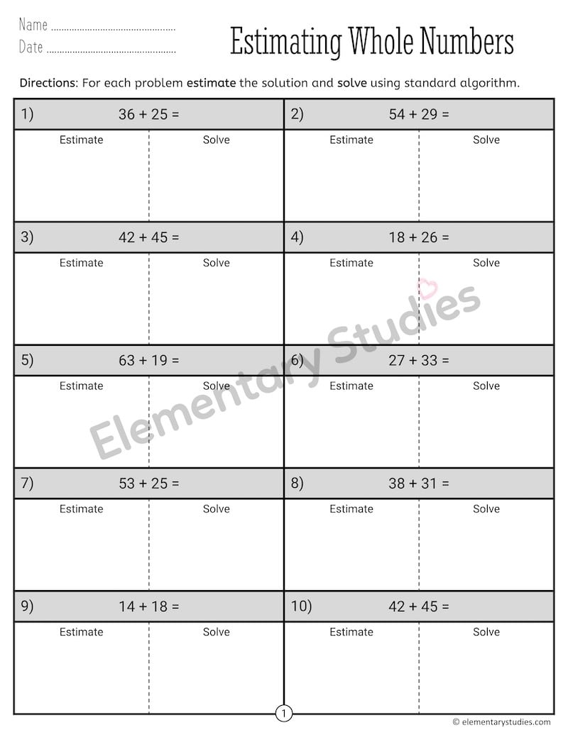 Estimating Sums and Differences of 2-digit Numbers - Elementary ...