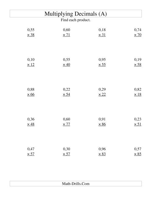 Multiplying Two-Digit Hundredths by Two-Digit Whole Numbers (A)
