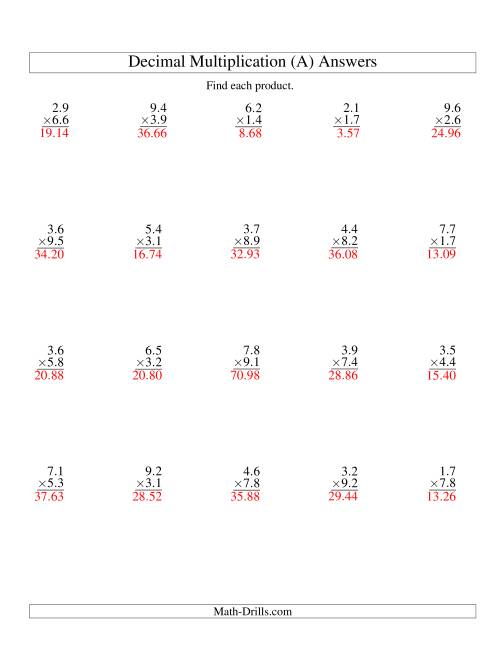 Vertical Decimal Multiplication (range 1.1 to 9.9) (A)