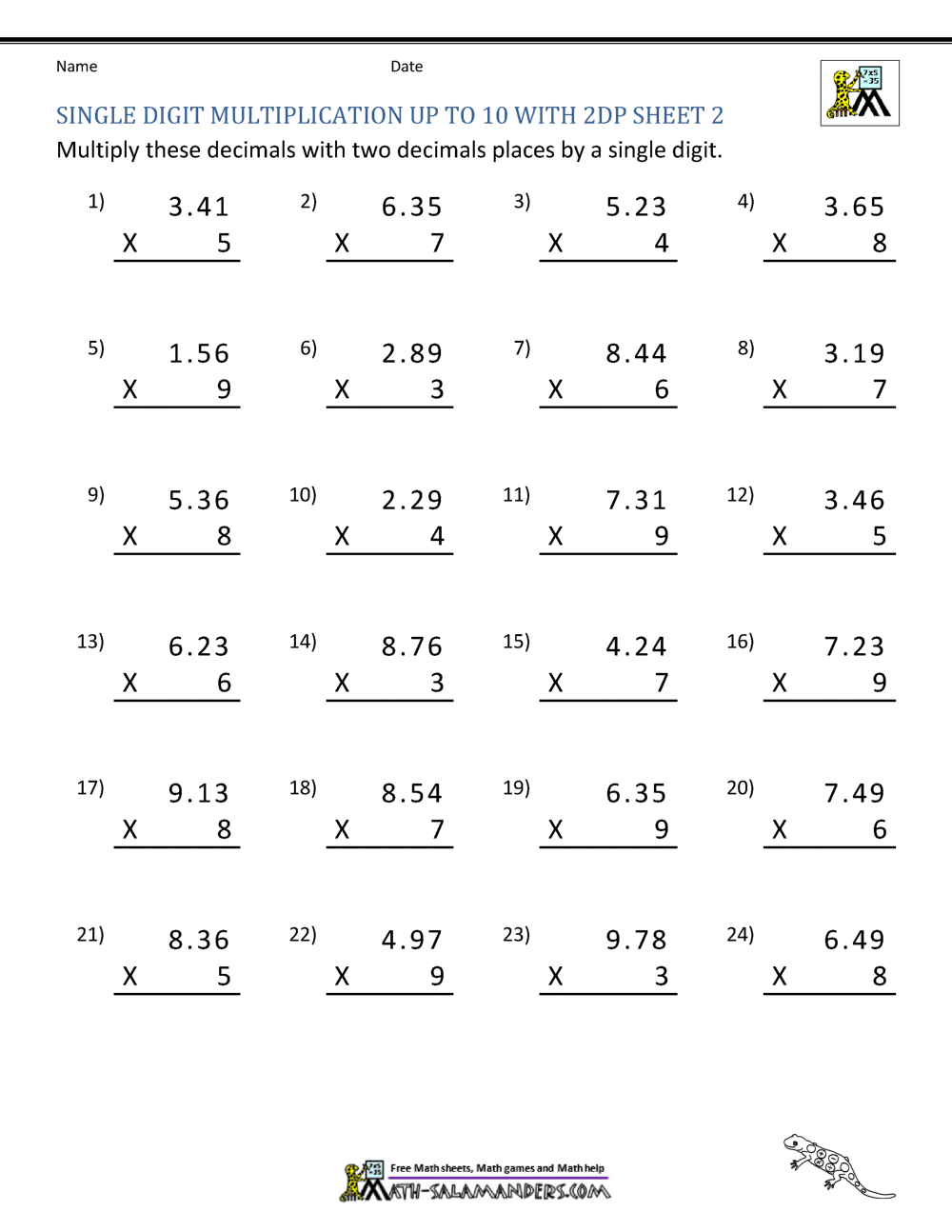 double digit multiplication with decimals worksheet