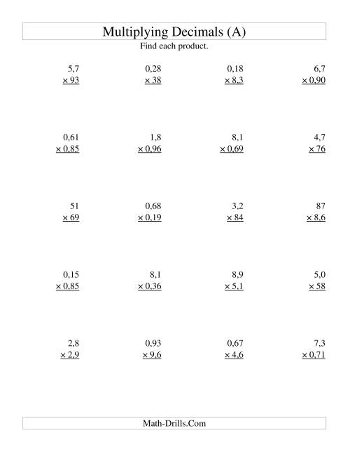 Multiplying Two-Digit by Two-Digit with Various Decimal Places (A)