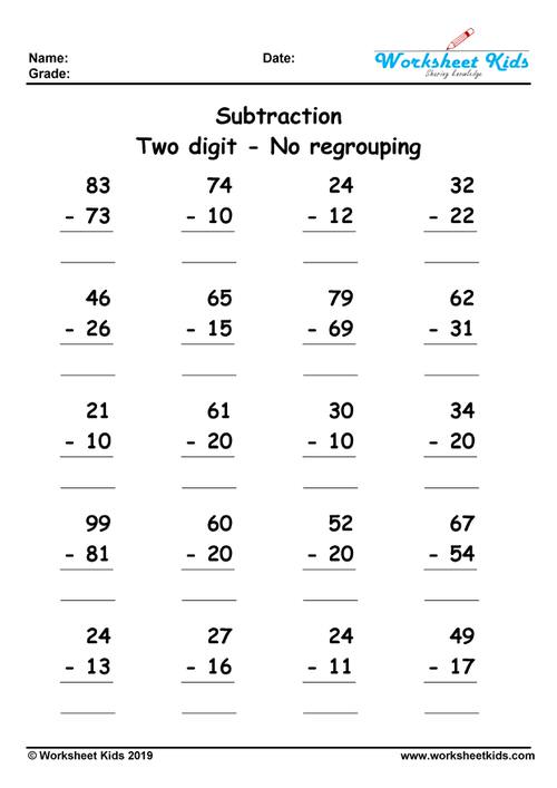 Two Digit Subtraction Without Regrouping Worksheets - Free printable