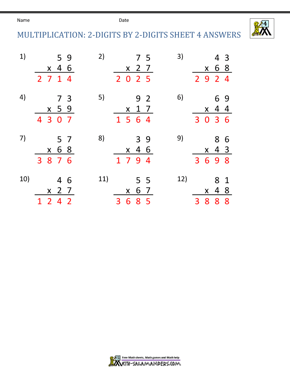 Double Digit Multiplication Worksheets 4th Grade