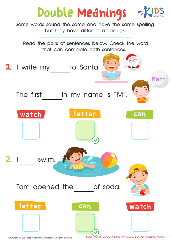 Double Meanings Worksheet: Free Printable for Kids - Answers and ...