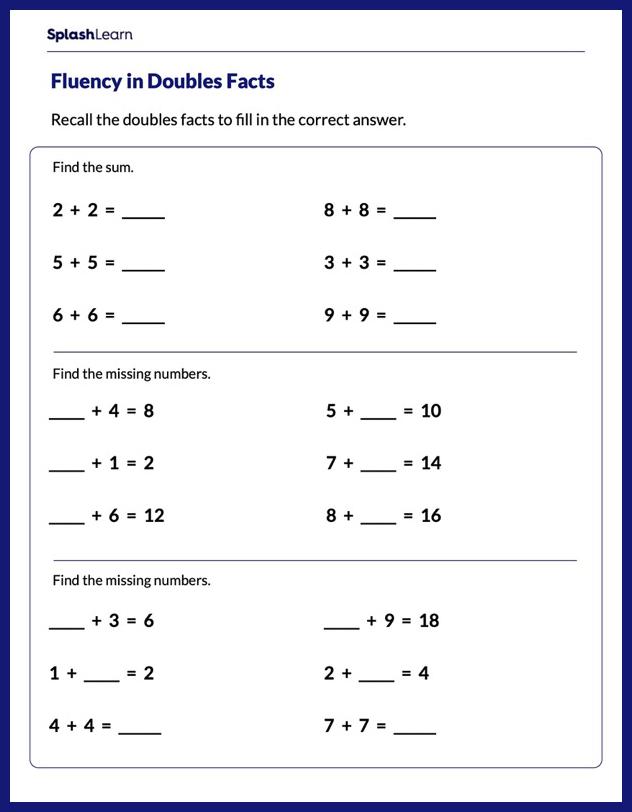 Use Double Facts to Find the Sum - Math Worksheets - SplashLearn