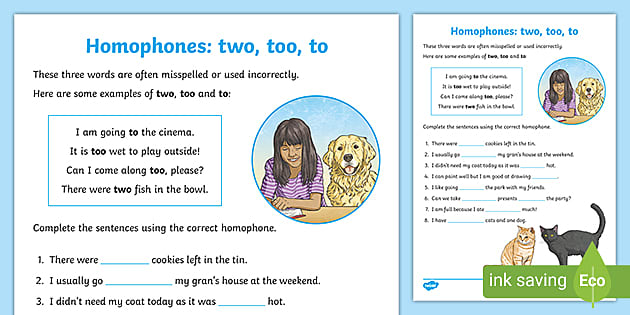 Homophones To Two Too Worksheet | English Resources 