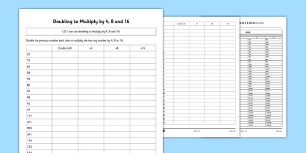 Doubling to Multiply by 4, 8 and 16 Worksheet / Worksheet Pack