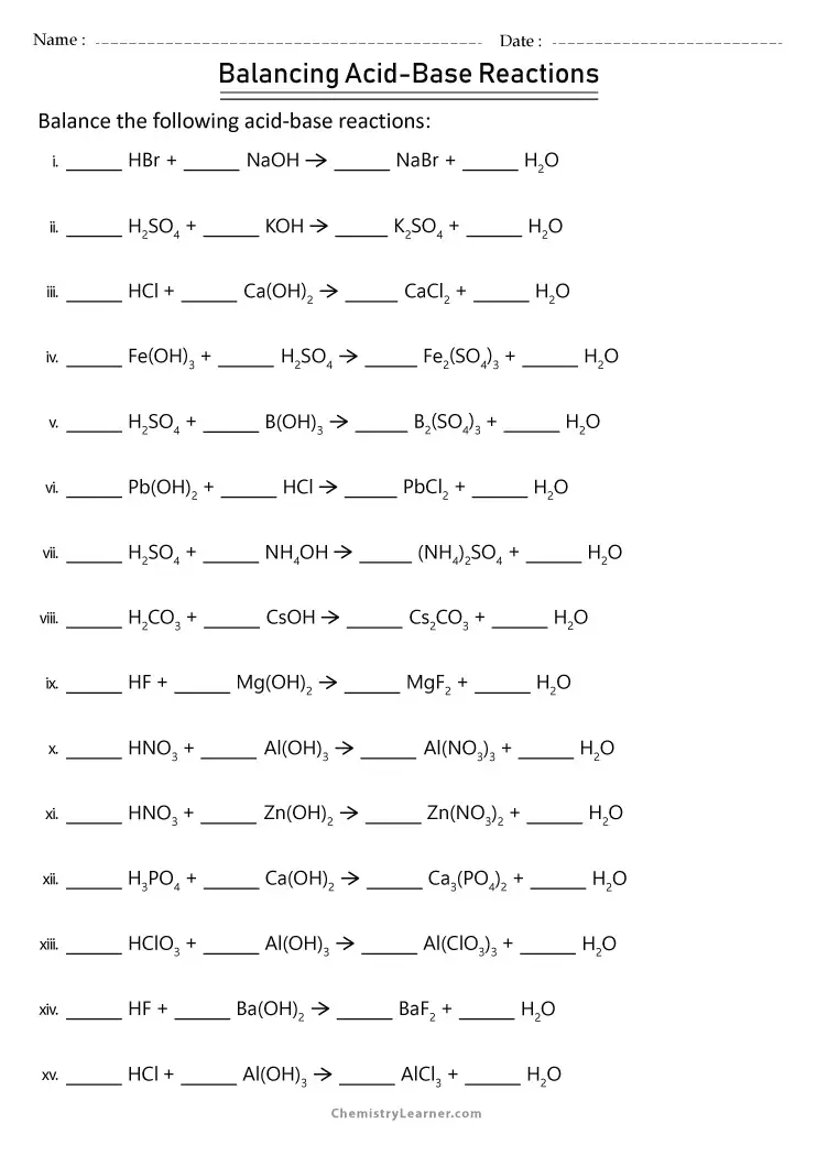 Free Printable Balancing and Classifying Chemical Equations Worksheets