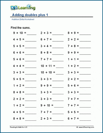 Adding doubles plus 1 worksheets | Worsheets library