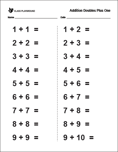 Printable Addition Doubles Plus One Worksheet - Class Playground