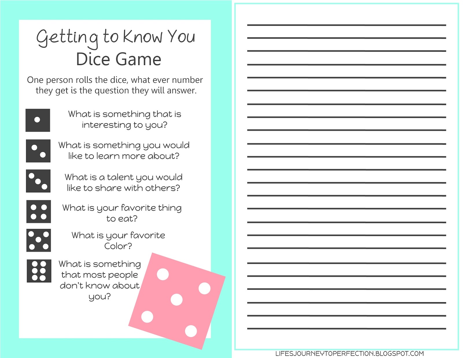 Lifes Journey To Perfection: Getting to Know You Dice Game Printable