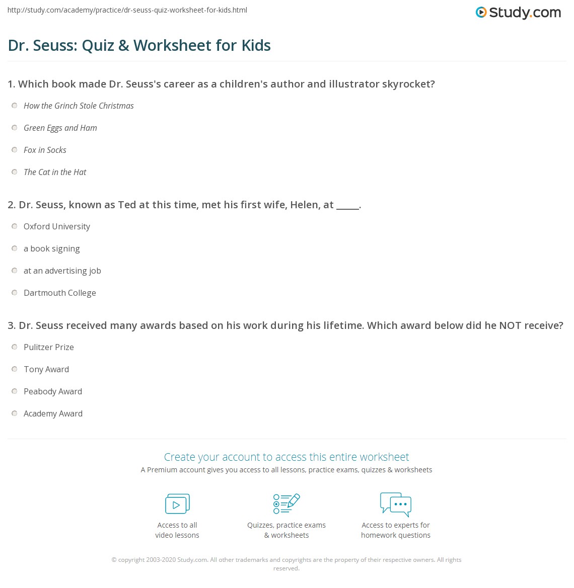 Dr. Seuss: Quiz &  Worksheet for Kids | Study.com
