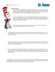 Dr. Seuss Mixed Math Word Problems Worksheet for 3rd - 4th Grade ...