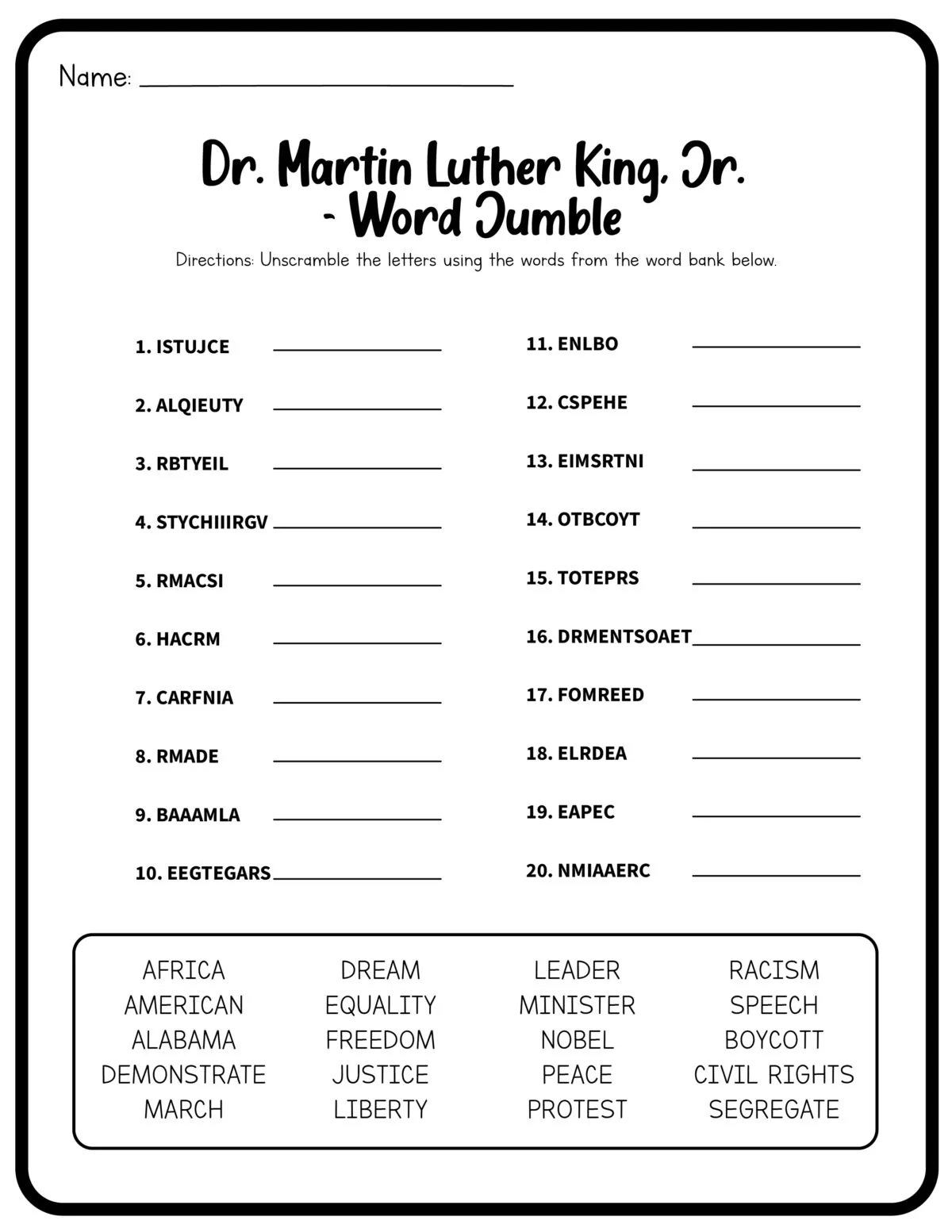 dr martin luther king jr worksheet 1st grade