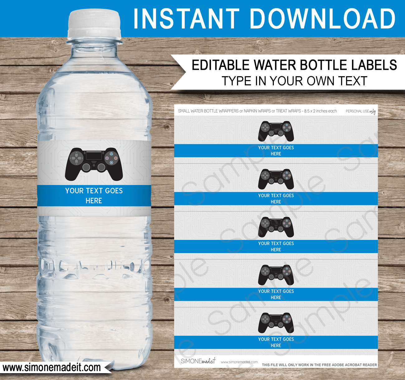 Playstation Birthday Party Water Bottle Labels template - blue