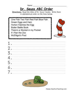 Dr. Seuss Books Alphabetical Order Worksheet  