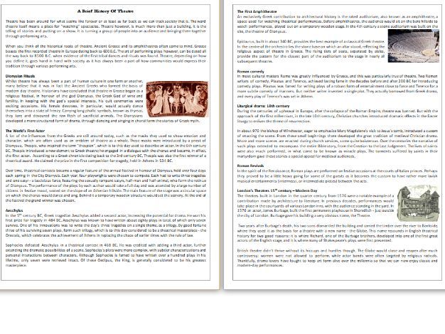 A Brief History Of Theatre - Reading Comprehension Worksheet ...