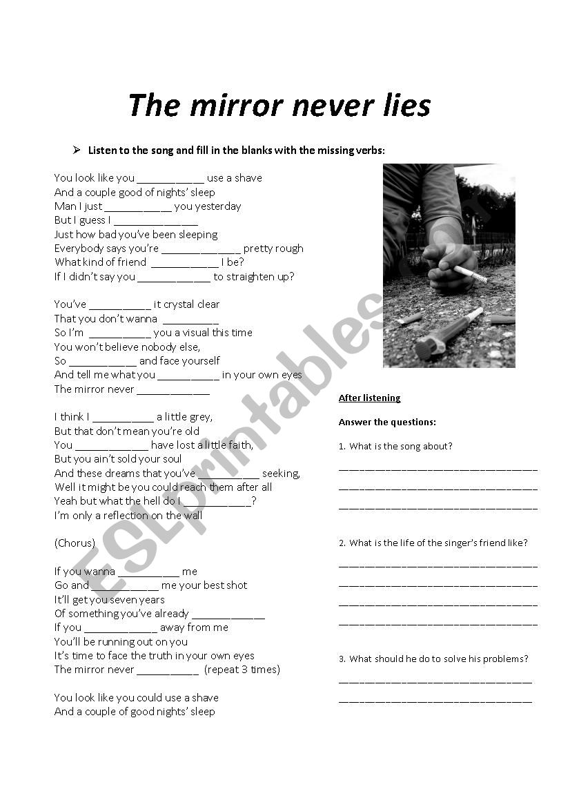 Drug addiction song - THE MIRROR NEVER LIES - ESL worksheet by ...