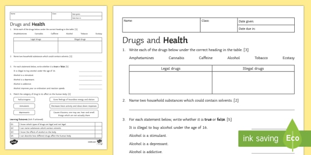 drug free worksheet