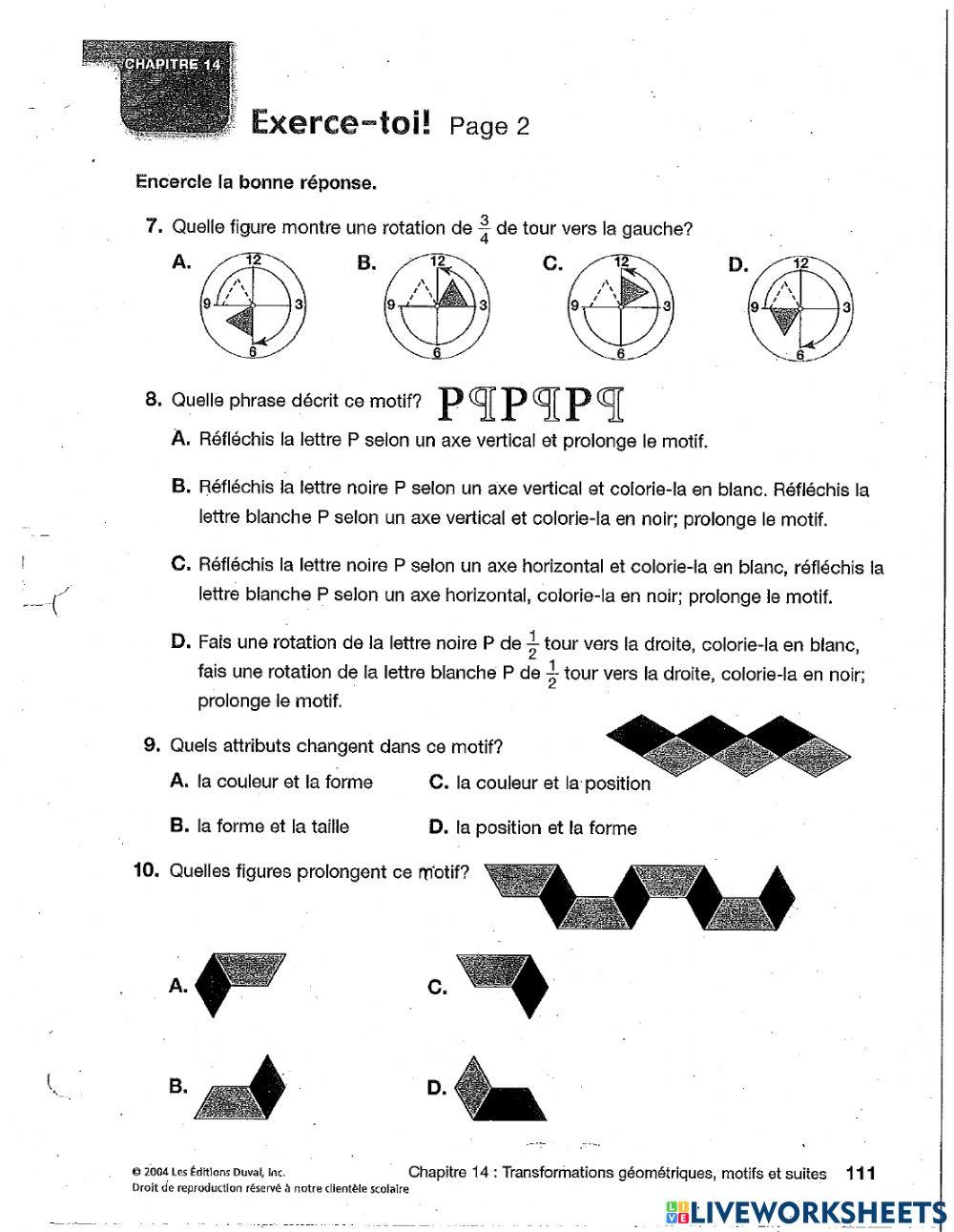 Quiz de Math-Les Transformations online exercise for  