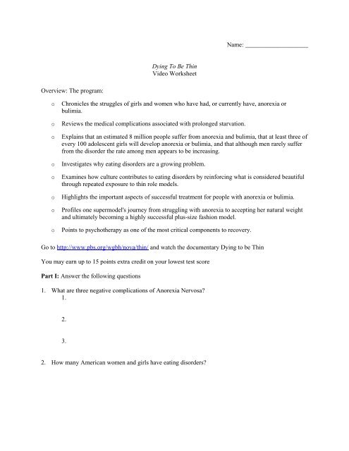 Dying To Be Thin Video Worksheet Overview