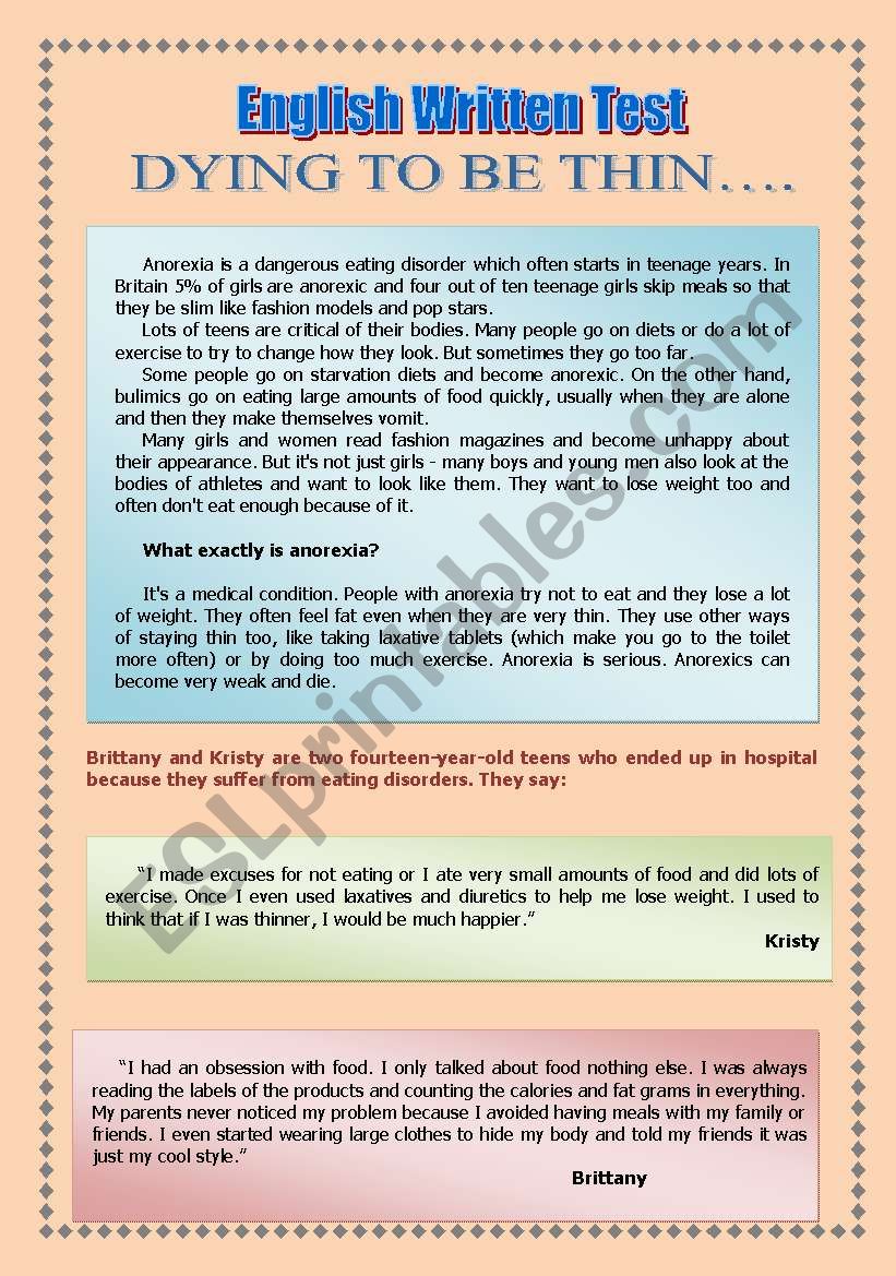 dying to be thin worksheet
