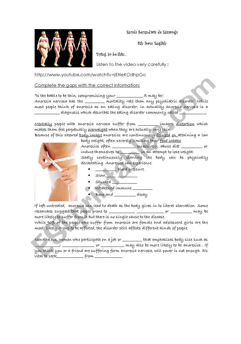 Dying to be thin: Anorexia - ESL worksheet by elsa machado