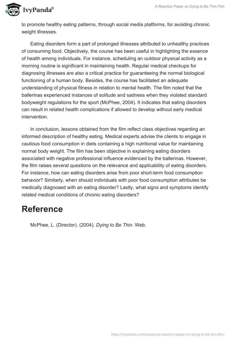 A Reaction Paper on Dying to be Thin Film - 588 Words | Essay Example