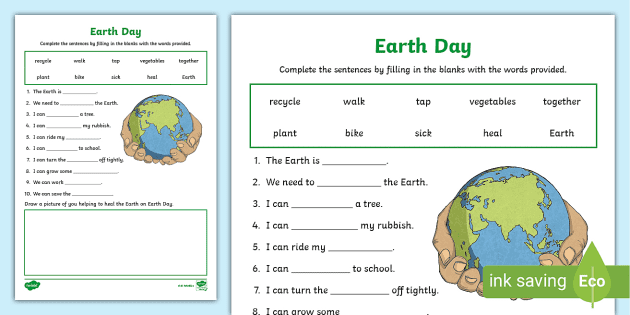 Earth Day Cloze Worksheet (Lehrer gemacht) - Twinkl