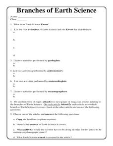 Branches of Earth Science Worksheet for 5th - 10th Grade | Lesson ...