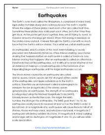 Earthquakes and Volcanoes Worksheets
