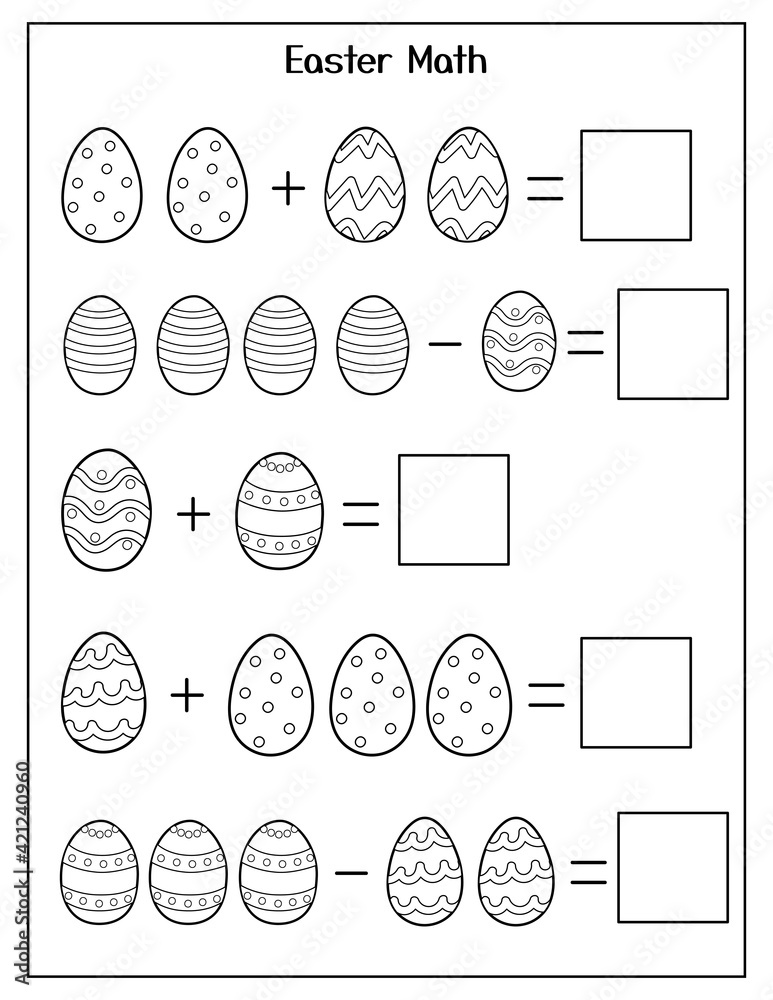 Easter math black and white worksheet for kids. Eggs addition ...