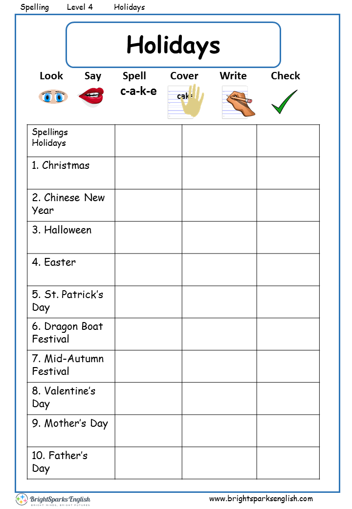 Holidays English Spelling Worksheet - English Treasure Trove