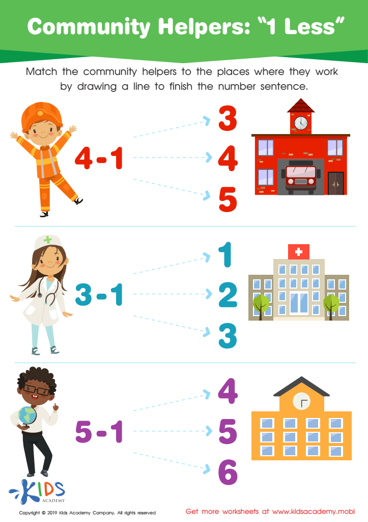 Community Helpers: 1 less Worksheet for kids - Worksheets Library