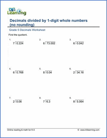 Grade 5 Math Worksheets: Divide decimals by whole numbers (1-9 ...