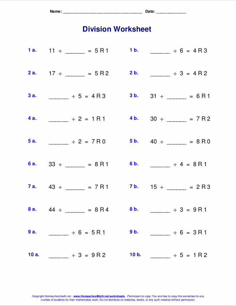 Worksheets for division with remainders