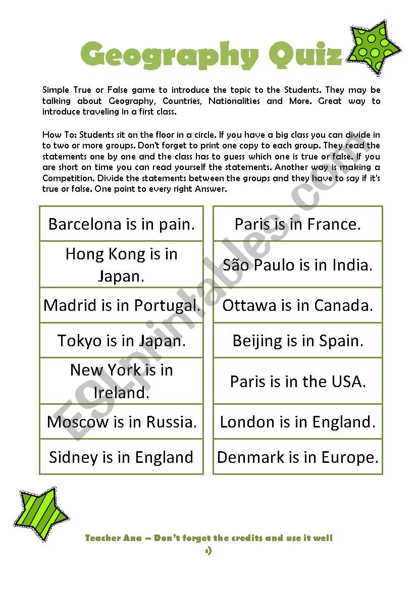 Geography Quiz - ESL worksheet by AnaBertozzi