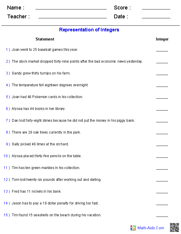 Integers Worksheets | Dynamically Created Integers Worksheets