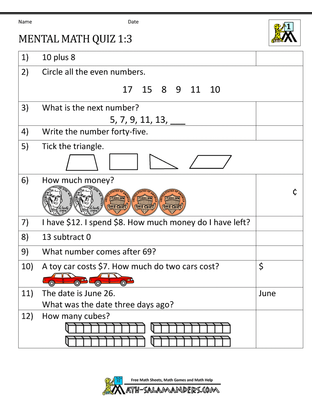 First Grade Mental Math Worksheets