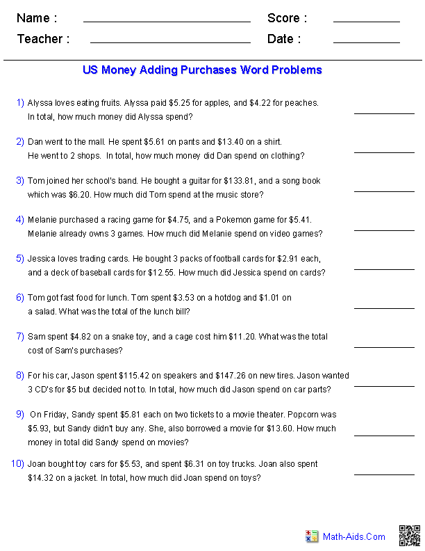 Word Problems Worksheets | Dynamically Created Word Problems