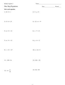 One-Step Equations Worksheet for 6th - 9th Grade | Lesson Planet
