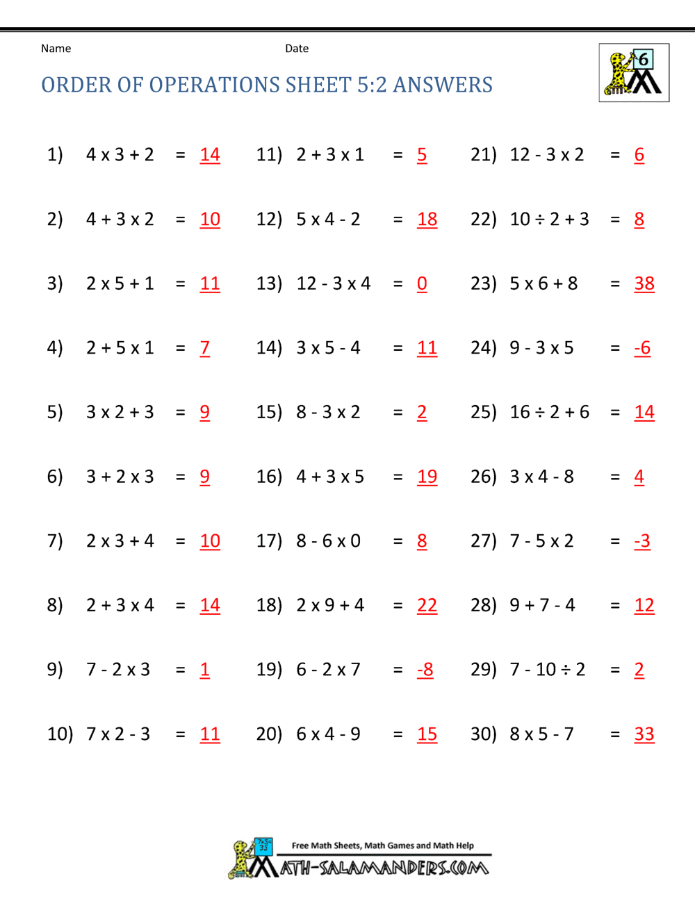 easy pemdas worksheet