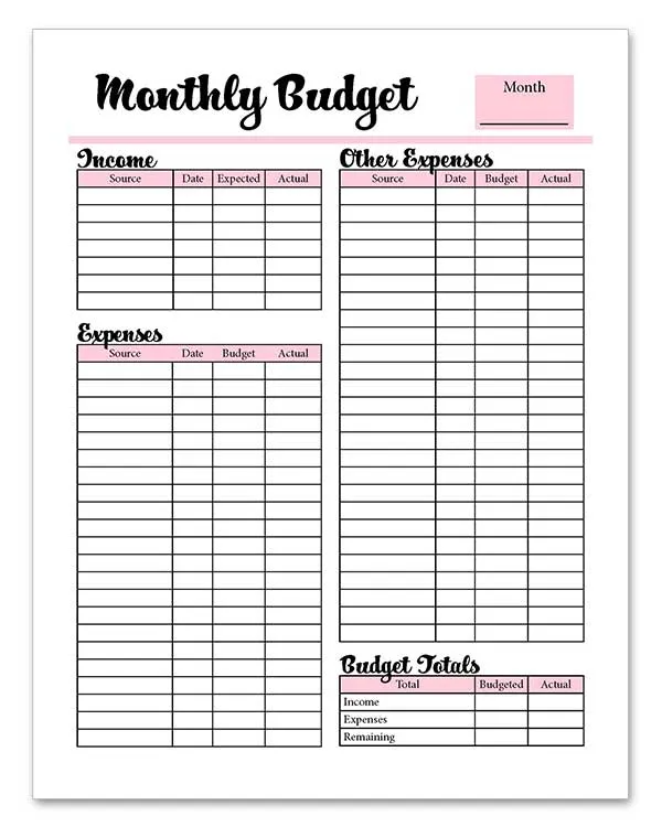 Free Monthly Budget PDF With Calculated Fields