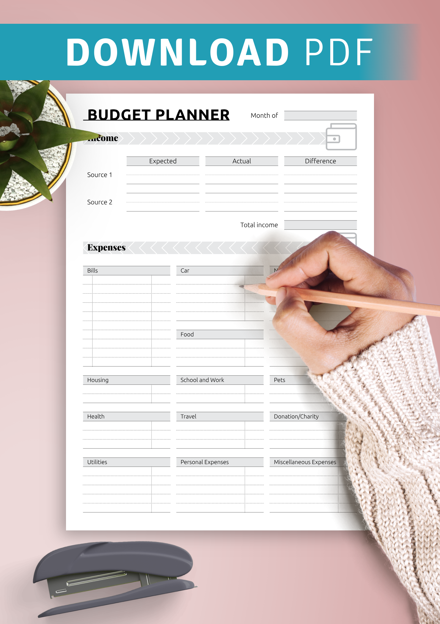 Download Printable Simple monthly budget template PDF