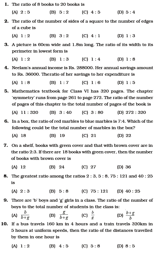 Class 6 Important Questions for Maths - Ratio and Proportion ...
