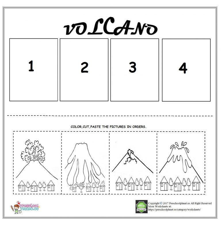 Volcano sequencing worksheet for kids - Preschoolplanet